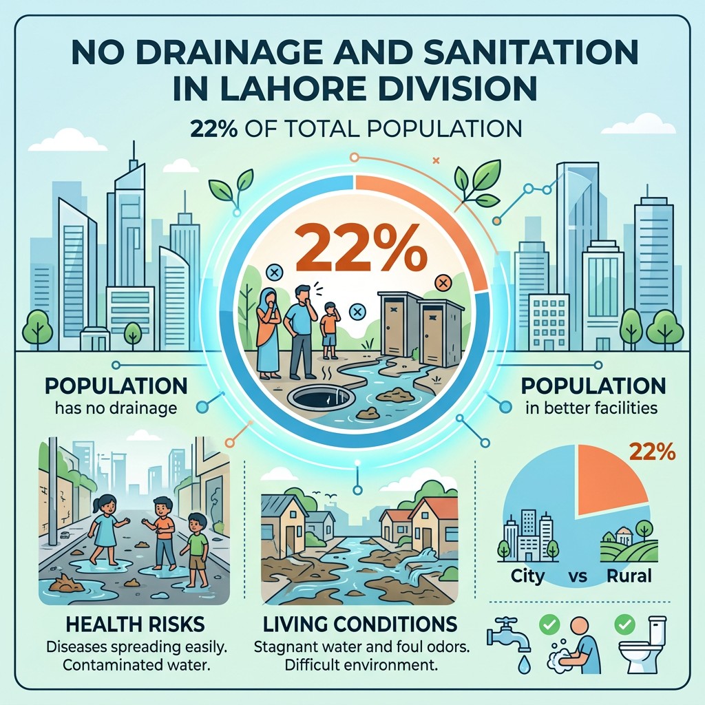No Drainage and Sanitation in Lahore Division — 22% of total population